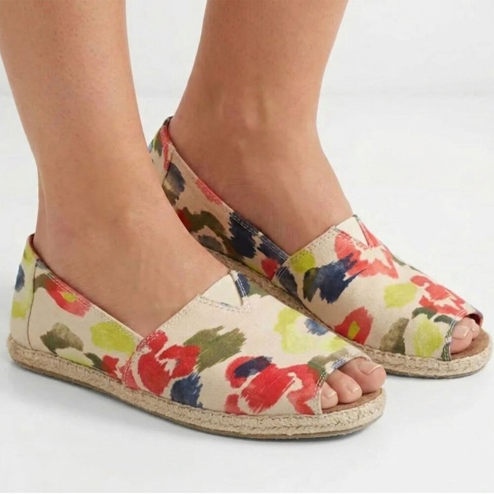 TOMS Alpargata Open Toe Shoes Tangerine Watercolor Floral Canvas Espadrille